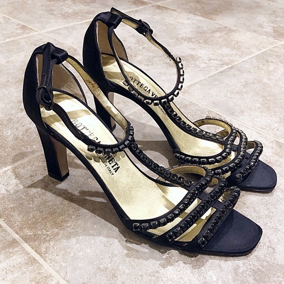 Bottega Veneta rhinestone satin ankle t strap black strappy vintage heels… - Picture 4 of 17